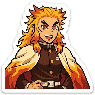 Kyojuro Rengoku from Demon Slayer, vibrant anime style, flame-patterned haori, fiery hair, confident smile sticker