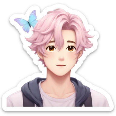 Gorgeous pastel anime style shojo man with blushing face and butterflies aesthetic and pretty hair trending style sticker