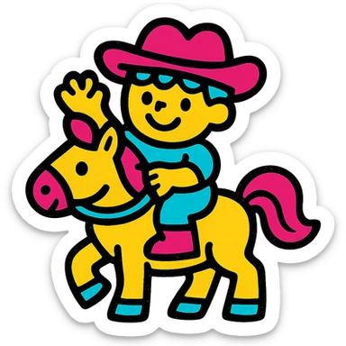 bright and cheerful icon of a child riding a horse, flat color style, minimal but expressive sticker