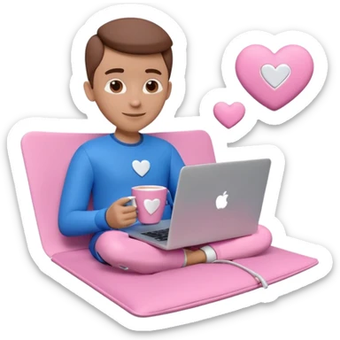 3D clay character relaxed with laptop and coffee, floating icons (envelope, heart, dollar), electric blue (#4A90D9) outfit, pink (#FF6B9D) floating icons, white laptop, Pixar style, transparent background sticker