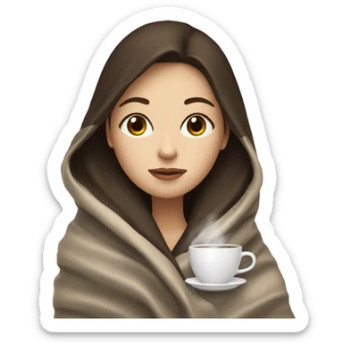 White girl with dark brown hair inside a blanket sipping coffee eyes closed sticker