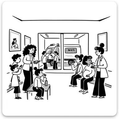 An NHS Doctor Surgery with nurses, children, pregnant women, vaccinations and a window with an ambulance outside sticker