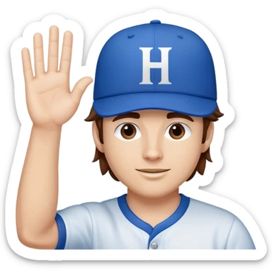 White Man with mid-length brown hair wearing blue baseball hat with the letter H on it. Hand waving sticker