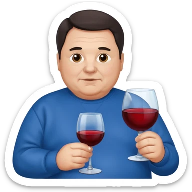 Older Fat man dark hair blue sweatshirt holding wine sticker