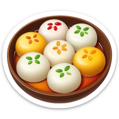 Shanghai Tangyuan sticky rice balls with colorful fillings in syrup, simplified emoji style with bold outlines and bright colors, cartoon style sweet Chinese dessert sticker