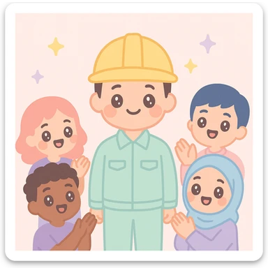 a worker in a hard hat being celebrated by a diverse group, all smiling and applauding sticker