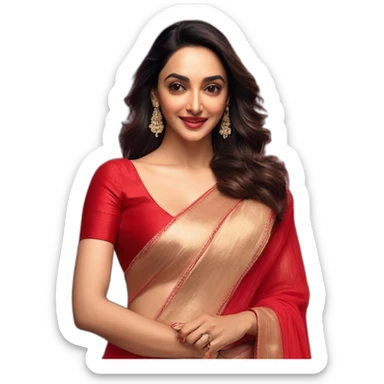 Kiara Advani front looking smirking look wearing red saree sticker