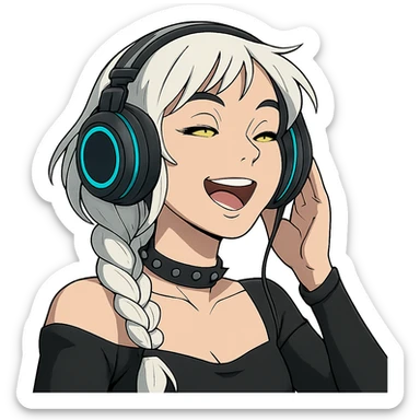 she is listening to music in headphones and JAMMIN!, a closeup portrait of young woman with gold yellow eyes, white hair, long braid, black off-shoulder top d-cup, punk gothic style, futuristic cyberwave cyberpunk,  sticker