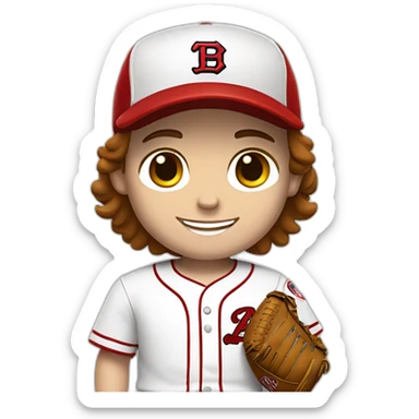 Boy baseball player, white skin, brown hair, smiling. Red cap with a T as its logo, white uniform with red details. sticker