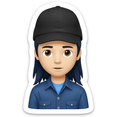 generate a pretty bratz boy wearing a dark blue button up shirt, long black mullet hair. 

Dark blue cap on head sticker