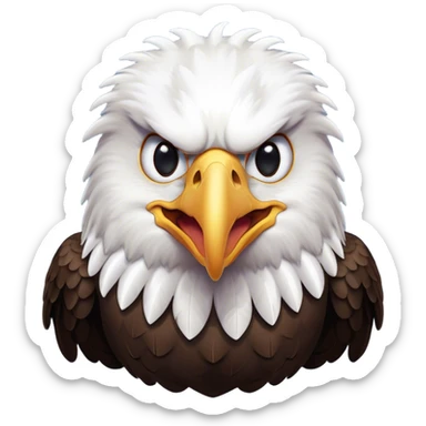 Cinematic Comical American Eagle Portrait Emoji, Head tilted dramatically with an exaggeratedly shocked expression, featuring a robust, powerful form with wide, comically expressive eyes full of playful disbelief and a mix of stark white and dark plumage, Simplified yet hilariously expressive features, highly detailed, glowing with a slightly sassy majestic glow, high shine, dramatic yet playful, stylized with an air of cheeky aerial mischief, soft glowing outline, capturing the essence of a meme-worthy American eagle that looks ready to side-eye its way into viral fame! sticker