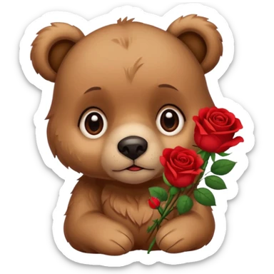 Cute bear with sad puppy dog eyes holding roses  sticker