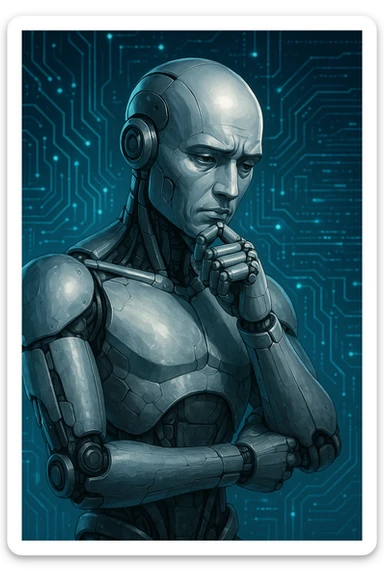 a robot deep in thought, metallic, expressive face, hands on chin, digital background sticker