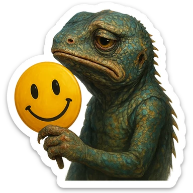 a melancholy lizard holding a bright yellow smiling emoji mask, emotional, detailed face, vivid colors sticker