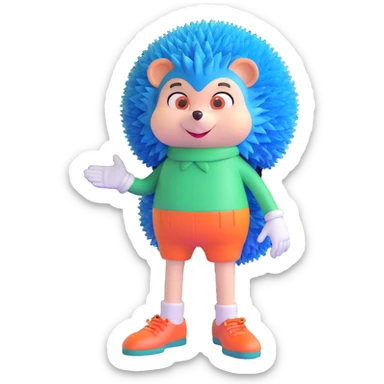 blue humanoid hedgehog with white gloves and socks, red shoes, 3 quills, peach belly, green eyes sticker