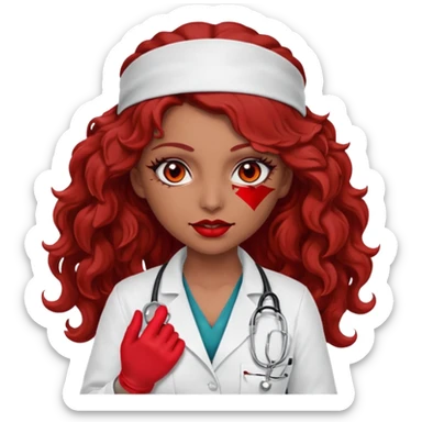 Lilith scalpel in hand, evil surgeon sexy surgeon clothes.  She has red eyes. She brown long curly hair. Wears sexy doctor outfit with red gloves.hair is free and brown  Wears red bandana to hide  her mouth and nose sticker