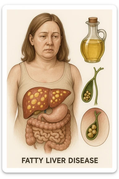 donna con fegato grasso immagine realistica e usa oli vegetali formando anche calcoli biliari sticker