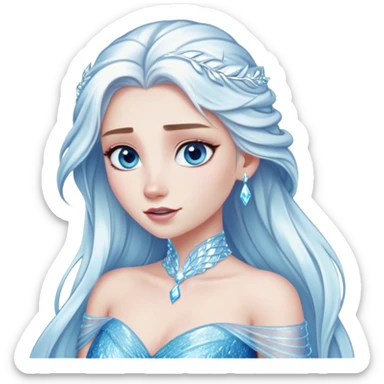 Cinematic Elegant Snow Queen Portrait Emoji, rendered in a realistic, vector-style with minimal shading and bold, simplified shapes. Depict Elsa (chest and above) with icy pale skin, long flowing platinum hair, and piercing blue eyes that exude quiet power, dressed in a shimmering ice-blue gown. The image glows with a soft, frosty radiance and high shine, capturing her ethereal, regal beauty. sticker