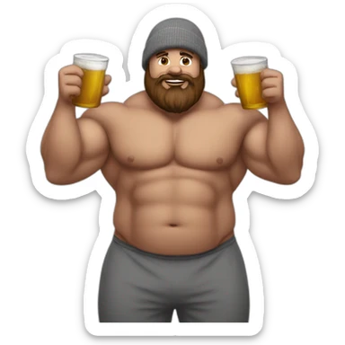 Fat Muscle builder in grey sweats no shirt brown and brown beard red winter hat drinking sticker