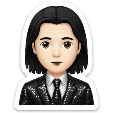 Charles Lee Ray with long black hair, dark suit sequin suit  sticker