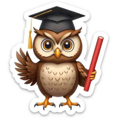 Owl smiling with graduation hat and diploma in claws sticker