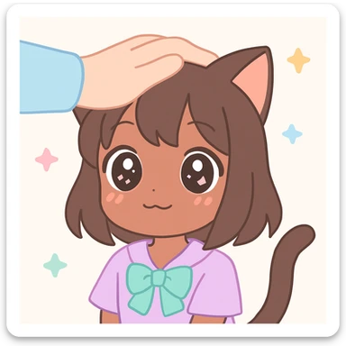 anime style cat girl with brown skin, receiving a head pat, cute expression, focus on face and hand, soft colors sticker