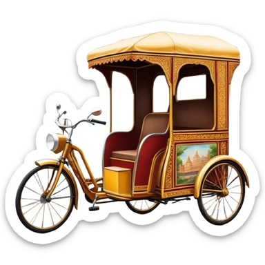 Cyclo rickshaw – Cinematic Realistic Cyclo Rickshaw, depicted as a charming, ornately painted three-wheeled cycle taxi with vintage detailing, set on bustling city streets under dynamic urban lighting that evokes cultural heritage and nostalgic charm. sticker
