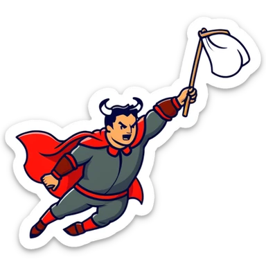 Matador in traditional costume waving red cape at angry bull sticker