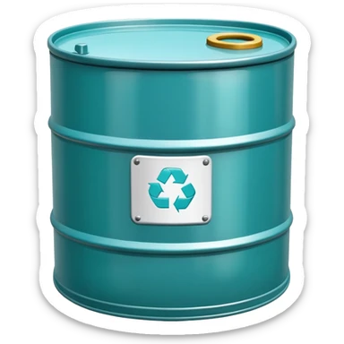 Oil barrel in cool tones with sky blue, teal green, white, and light gray sticker