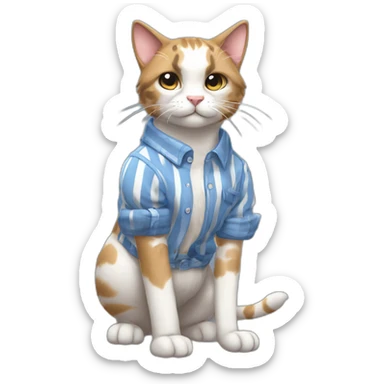 Purradise Meowscles is a buff anthropomorphic calico  cat  he has a mullet, a floral designed t shirt that is unbuttoned and blue and white stripped shorts sticker