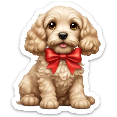 Cockapoo puppy with red bow on head sticker