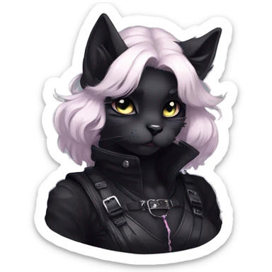 Gorgeous furry gothic dark techwear anime style anthro black cat fursona with blushing face aesthetic and pretty edgy black with collar and harness trending style sticker