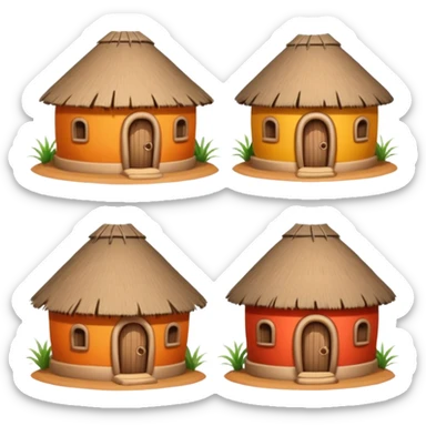4 different African mud hut tribal houses, each unique, round adobe clay huts, thatched roofs, colorful tribal decorations, mobile game icon style, 3D cartoon, clean background, consistent lighting, consistent proportions sticker