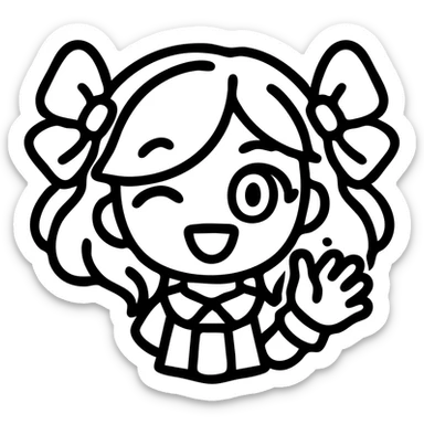 chibi style Gwen from League of Legends, only head, right eye purple, one hand waving with glove, smiling and energetic, outline icon style sticker