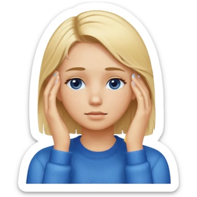 Girl massaging her head with blonde wet hair with anti-dark circles patches in her eyes dressed in a blue sweater sticker