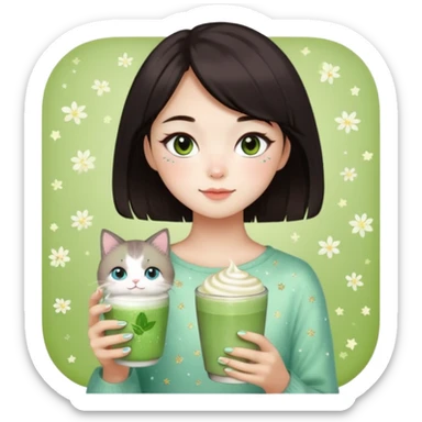 asian girl with shoart dark brown hair with a soft girl glowup aesthetic. matcha latte sparkles girly things, 2 ragdoll cats, skincare, makeup sticker