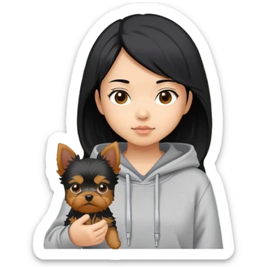 a black-haired asian girl wearing a grey hoodie with a yorkie in a yard sticker