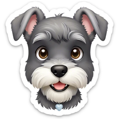 Cinematic Cute Miniature Schnauzer Portrait Emoji, Head cheerfully cocked with expressive, twinkling eyes and a neatly trimmed, adorable salt-and-pepper fur, simplified yet endearingly detailed, glowing with a bright, friendly radiance, high shine, exuding smart and spunky charm, styled with a delicate, whimsical outline, capturing the essence of a cute Miniature Schnauzer that appears ready to scamper off the screen with delightful energy! sticker