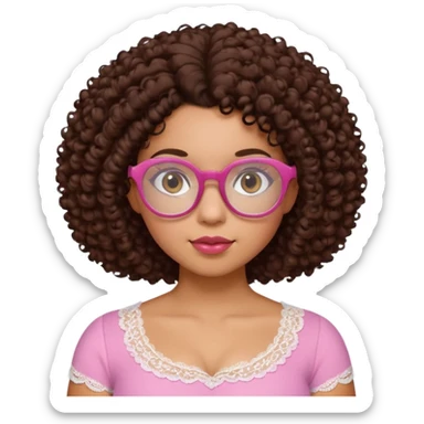 medium-light kinned afro-latina girl with medium length chocolate brown side part curly hair, brown glasses, brown eyes, pink and white sweetheart necklined top with lace, round wide-ish nose, chubby oblong face sticker