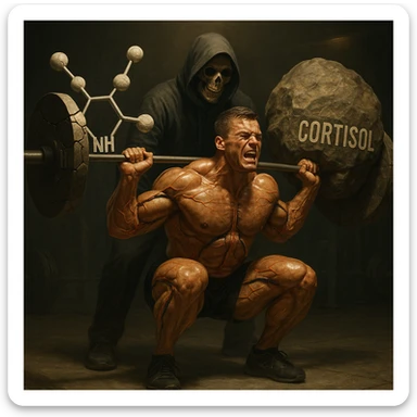 hyperrealistic scene of a muscular male bodybuilder squatting with a barbell loaded with cracked serotonin molecules and large boulders labeled 'cortisol', veins visibly pumping oil instead of blood, spotter behind him is Death disguised as a coach, dramatic lighting, detailed, symbolic, emotional realism sticker