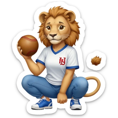confident anthropomorphised female lion wearing a baseball shirt, jeans, and trainers, squatting and lifting an object sticker