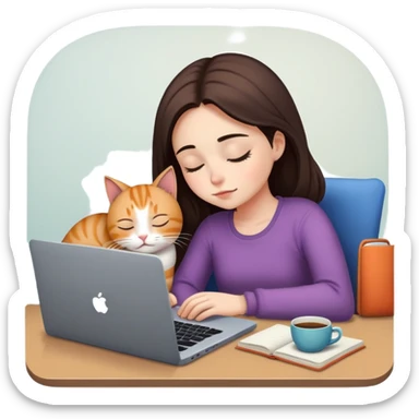 A girl is working hard in front of her laptop, and a cat is sleeping next to it sticker