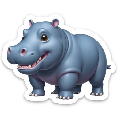 cinematic-hippo-realistic-full-body-side-view-standing-on-all-fours-emoji,-massive-round-frame,-wide-mouthed-grin-exposing-huge-teeth,-head-tilted-dramatically,-thick-greyish blue-hide-glossy, big cute eyes sticker