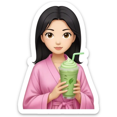 Asian woman, medium hair to shoulders, black hair, brown eyes, pink robe, holding Matcha frappe sticker