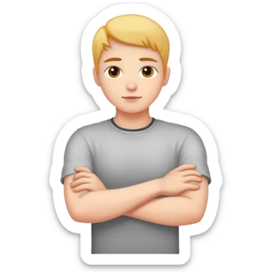Person with arms crossed on neck sticker