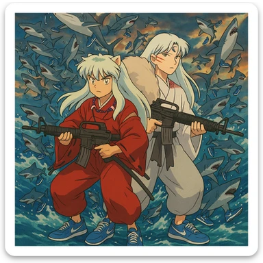 Inuyasha and sesshomaru take m16a4 vs 1 million shark They wear shoes blue Nike and all sharks They wear shoes Nike die sticker