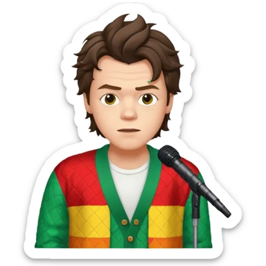 harry styles with a mic, he is wearing a patchwork colorful (red, yellow,green) cardigan and a white t-shirt under sticker