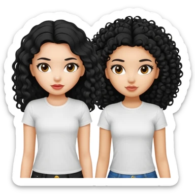 2 pretty bratz fair girls. One has straight black hair and is tan, wearing a white tshirt. One is fair with curly black hair, wearing a black tshirt  sticker