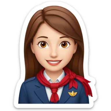 Female flight attendant, with red scarf, white shirt, long brown hair, brown eyes, iOS emoji-type face, fair skin,  sticker