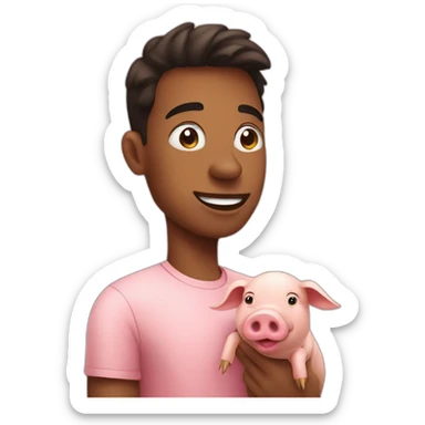 a young man talk with a pig sticker